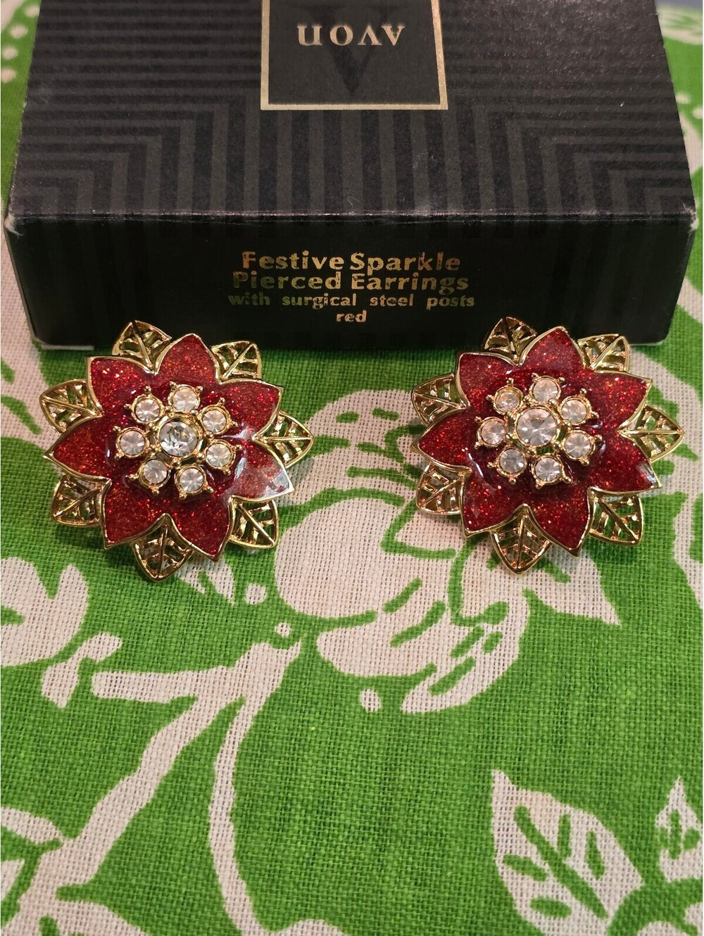 VTG AVON Poinsettia Christmas Red Enamel Goldtone Clear Rhinestone Post Earrings - Picture 2 of 7